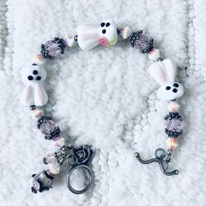 Whimsical silver and glass beaded bunny rabbit bracelet Easter Cottage Whimsy